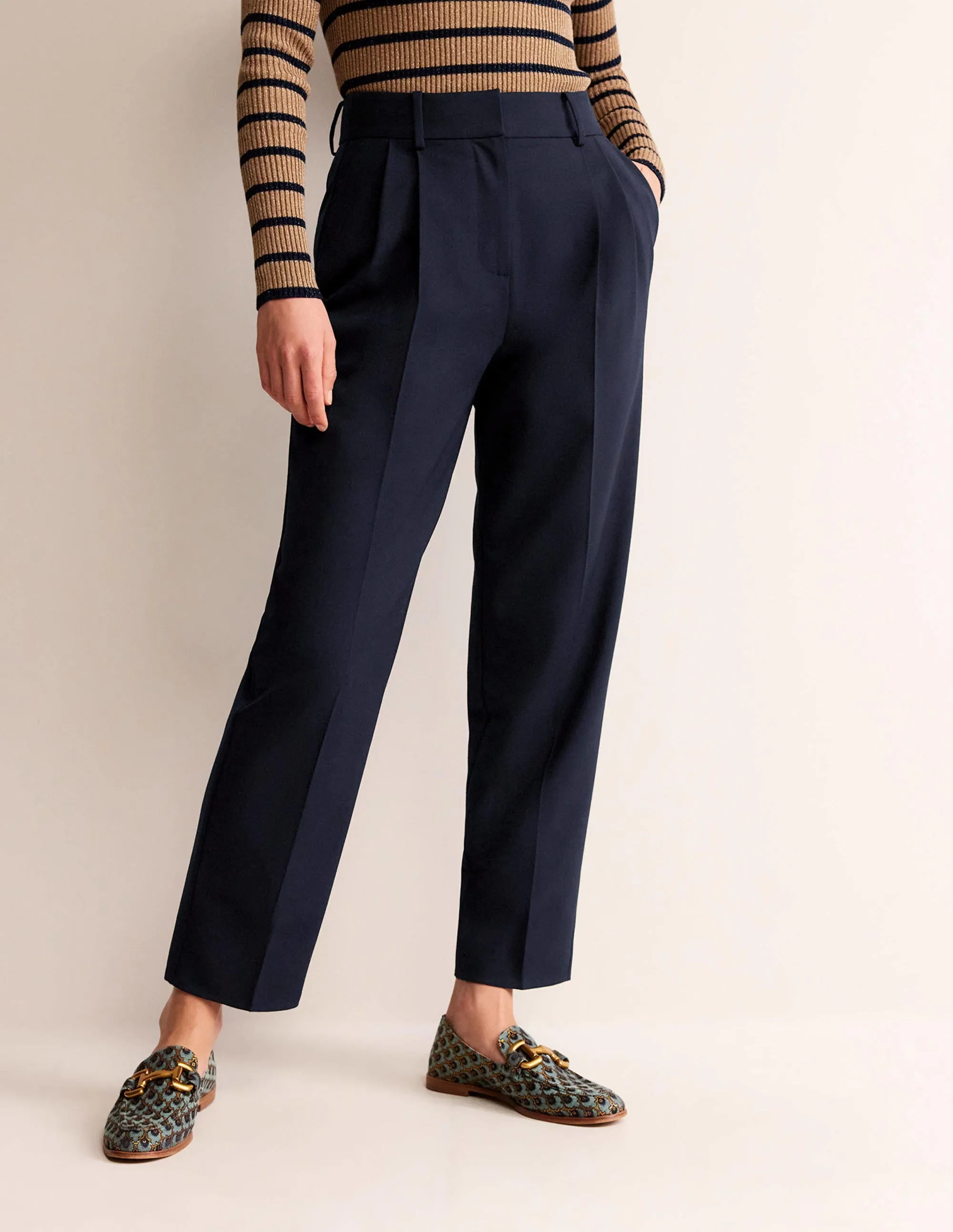 Pleat-Front Tapered Trousers-Navy