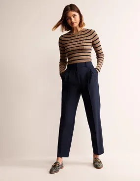 Pleat-Front Tapered Trousers-Navy