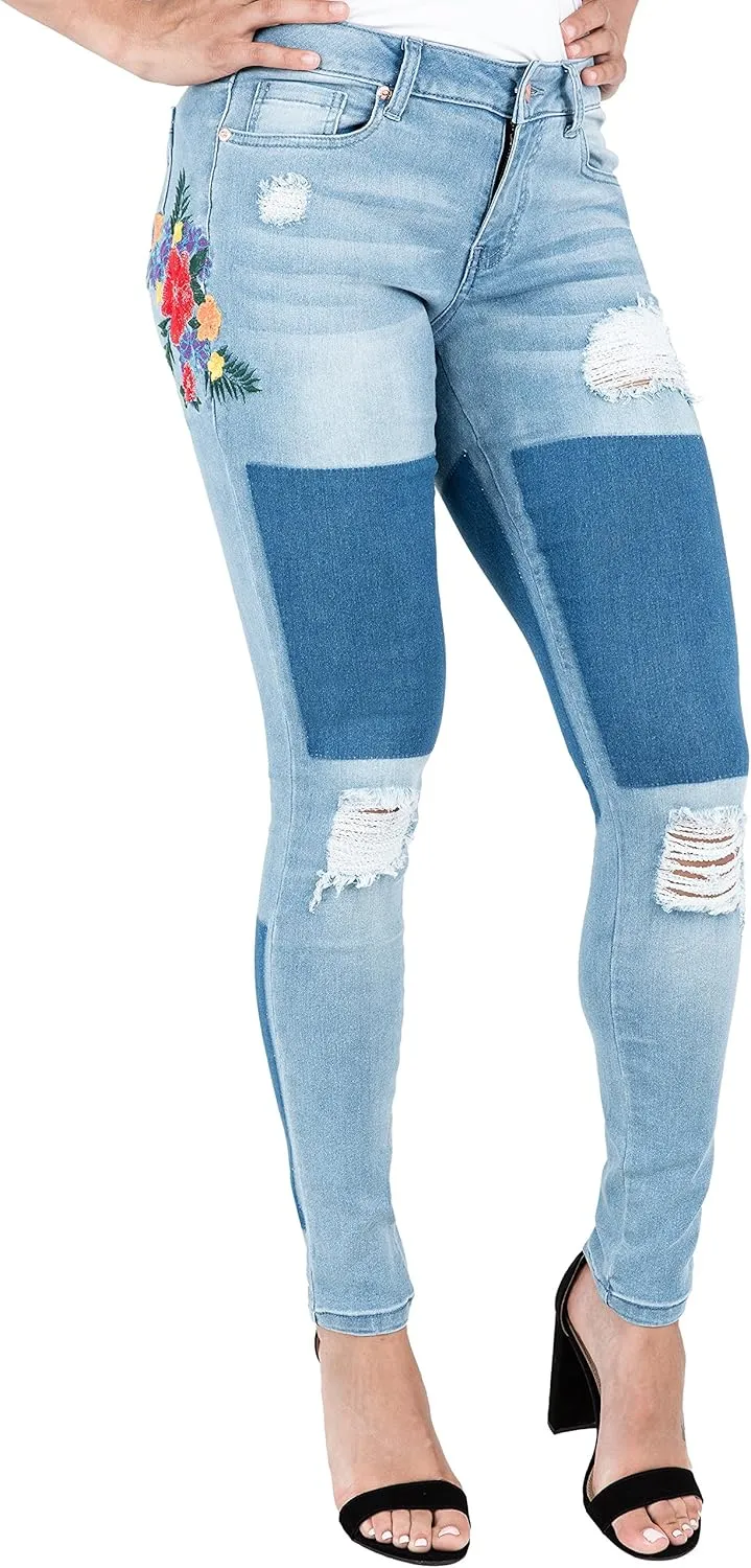Poetic Justice Women's Curvy Fit Shadow Patch Embroidered Jegging Skinny Jeans