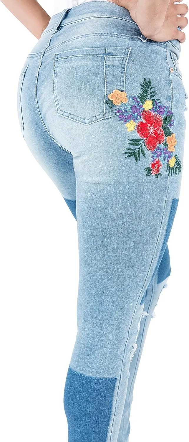 Poetic Justice Women's Curvy Fit Shadow Patch Embroidered Jegging Skinny Jeans
