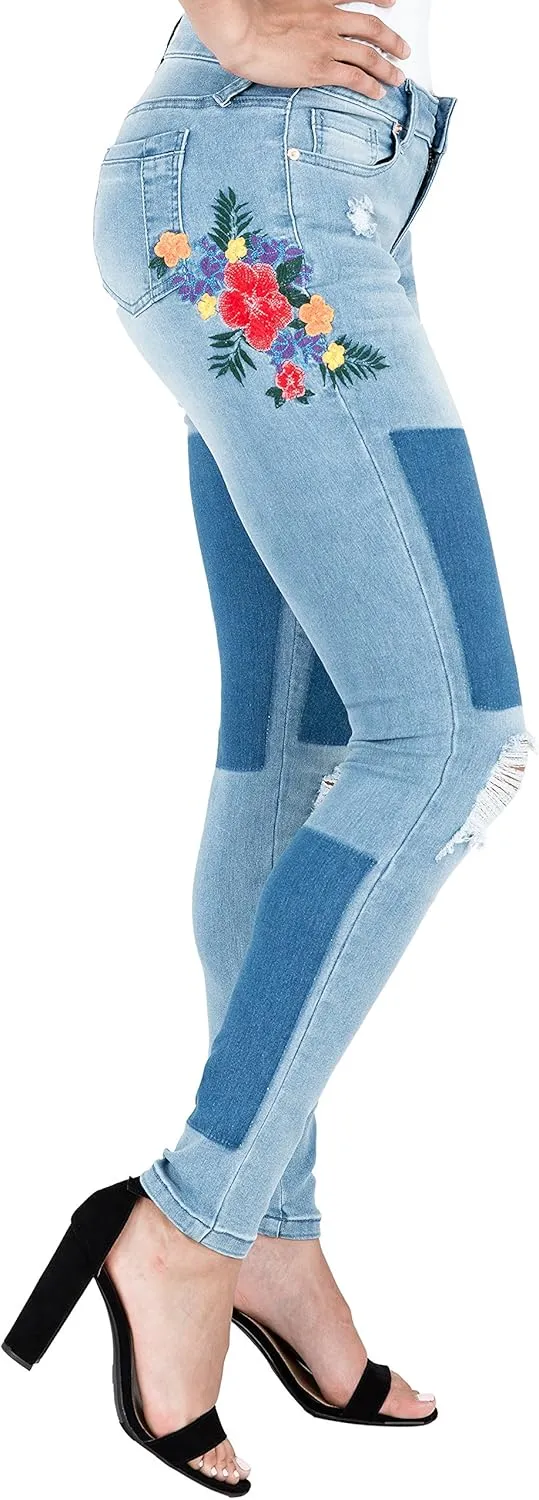 Poetic Justice Women's Curvy Fit Shadow Patch Embroidered Jegging Skinny Jeans
