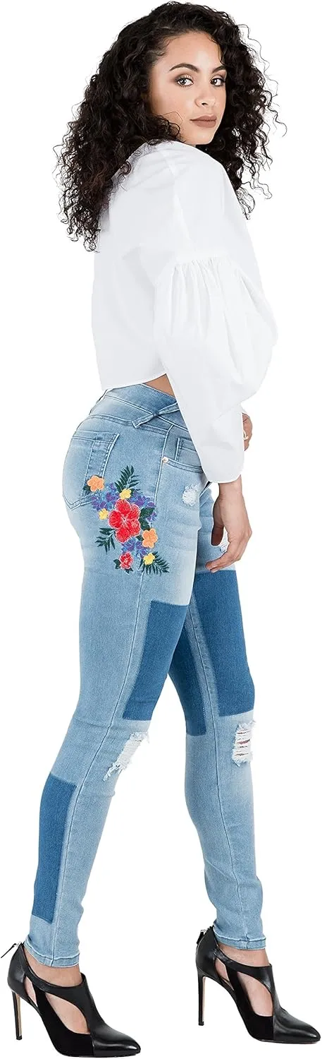 Poetic Justice Women's Curvy Fit Shadow Patch Embroidered Jegging Skinny Jeans