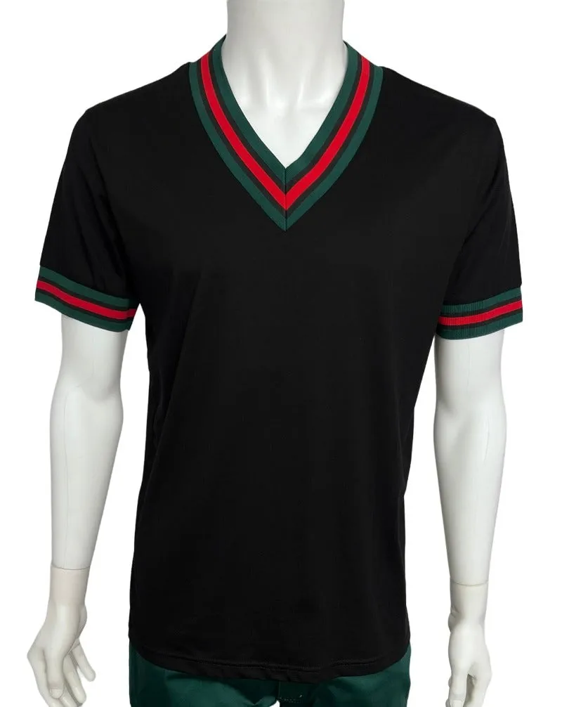 Premium Clothing Black Men's V-Neck  T-shirt  Red & Green Trim Short Sleeves