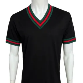 Premium Clothing Black Men's V-Neck  T-shirt  Red & Green Trim Short Sleeves
