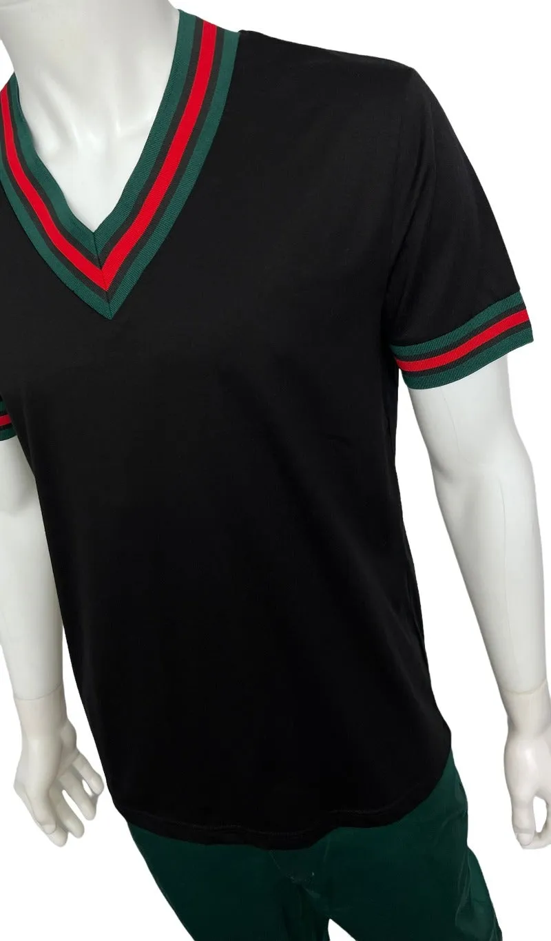 Premium Clothing Black Men's V-Neck  T-shirt  Red & Green Trim Short Sleeves