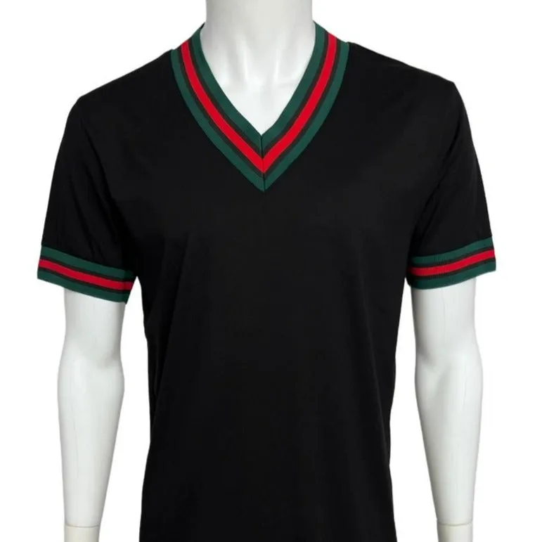 Premium Clothing Black Men's V-Neck  T-shirt  Red & Green Trim Short Sleeves