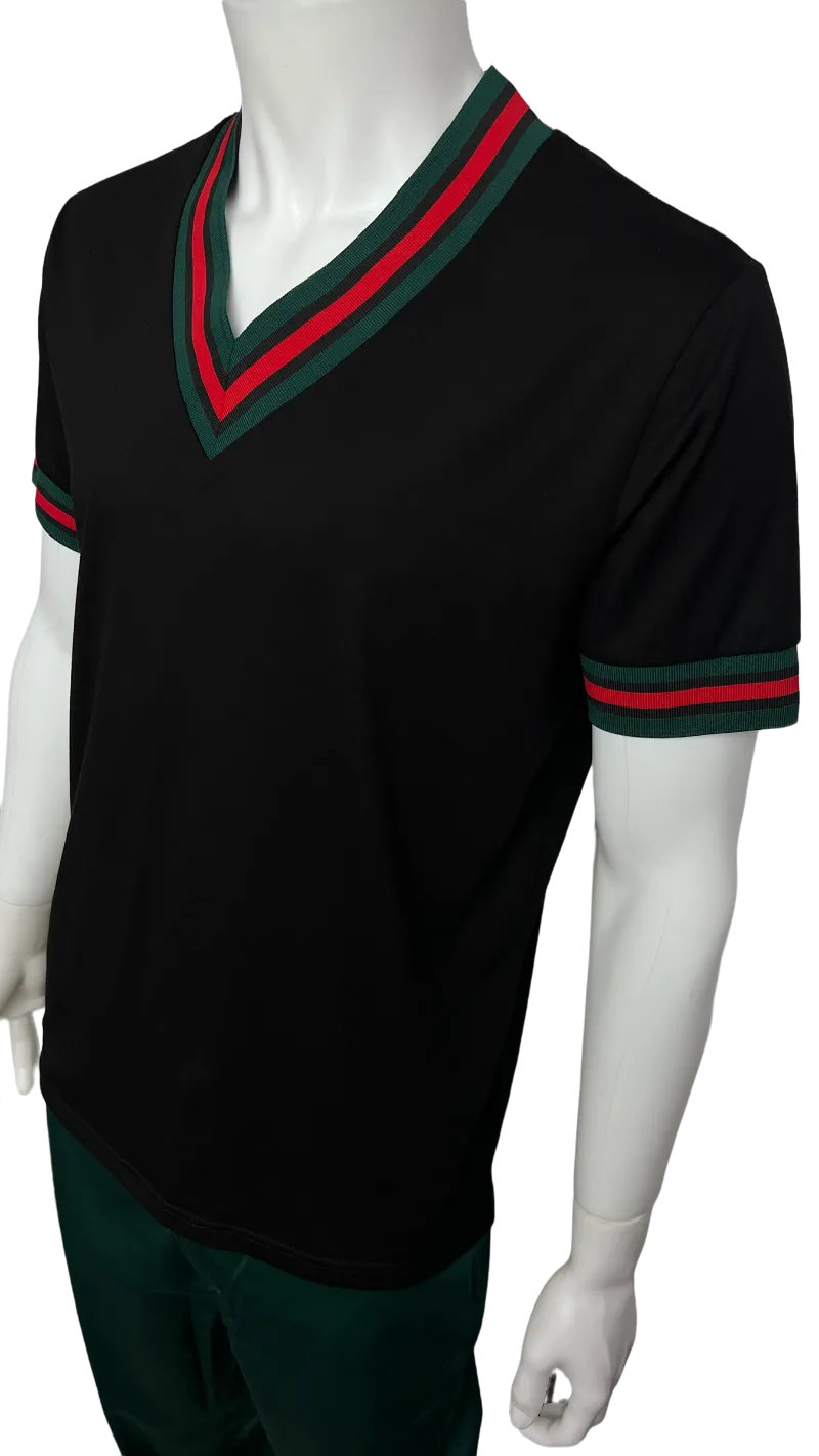 Premium Clothing Black Men's V-Neck  T-shirt  Red & Green Trim Short Sleeves