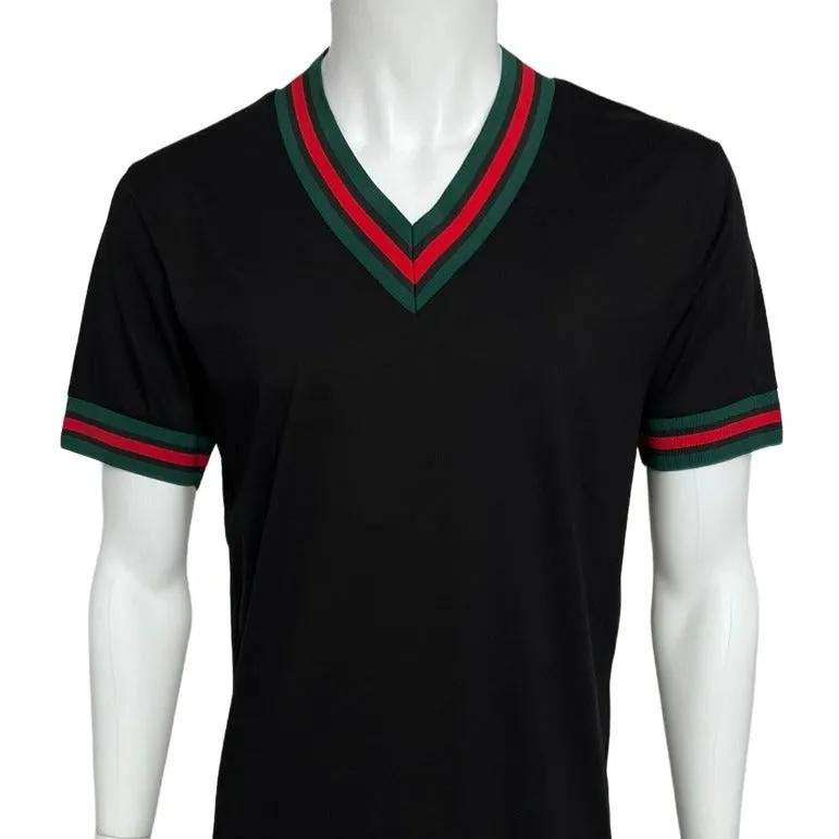 Premium Clothing Black Men's V-Neck  T-shirt  Red & Green Trim Short Sleeves