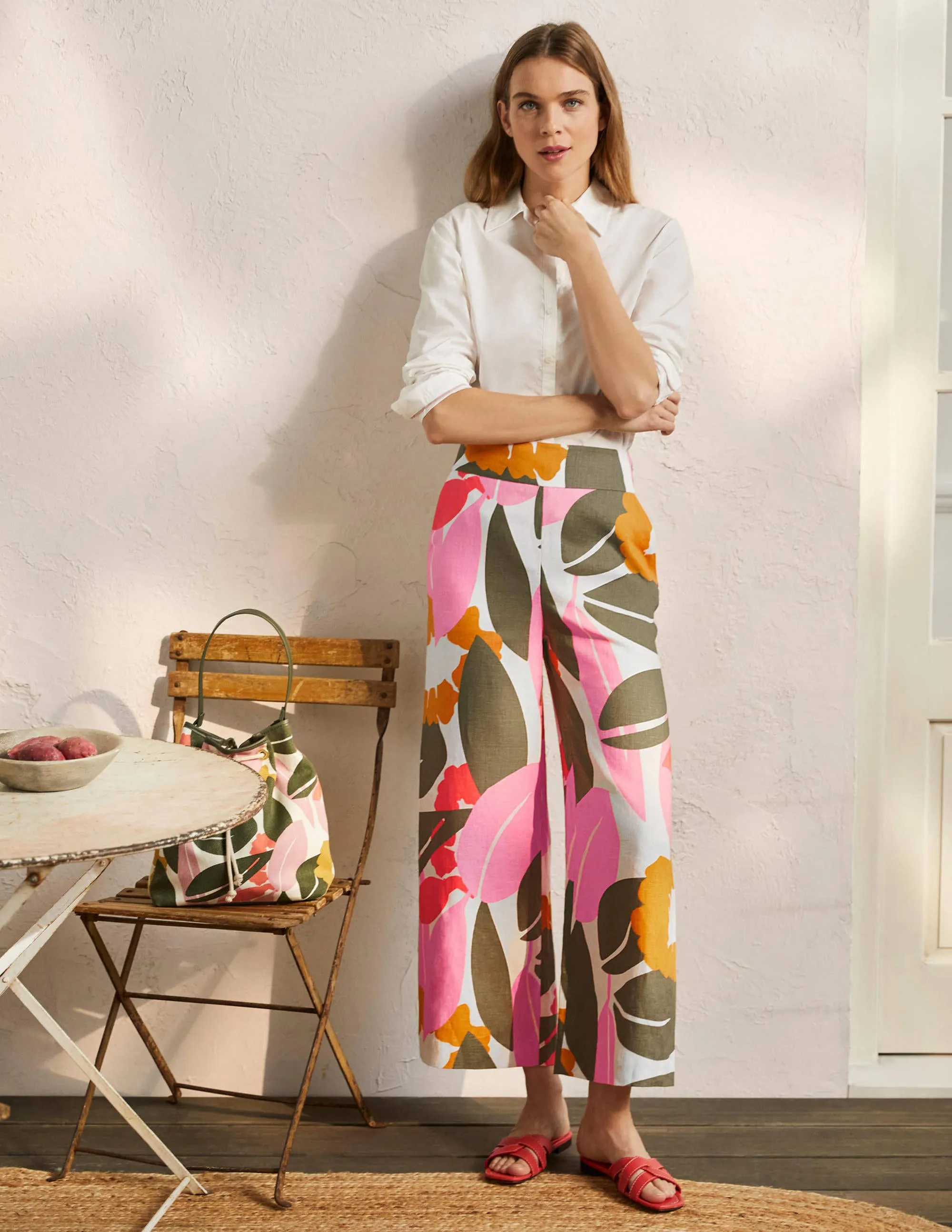 Printed Linen Trousers-Ivory, Abstract Bloom