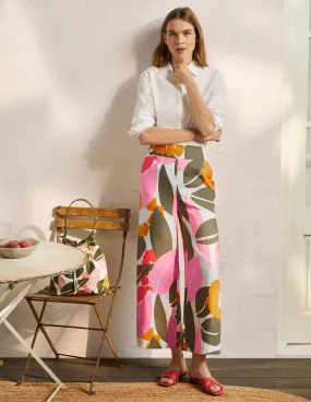 Printed Linen Trousers-Ivory, Abstract Bloom