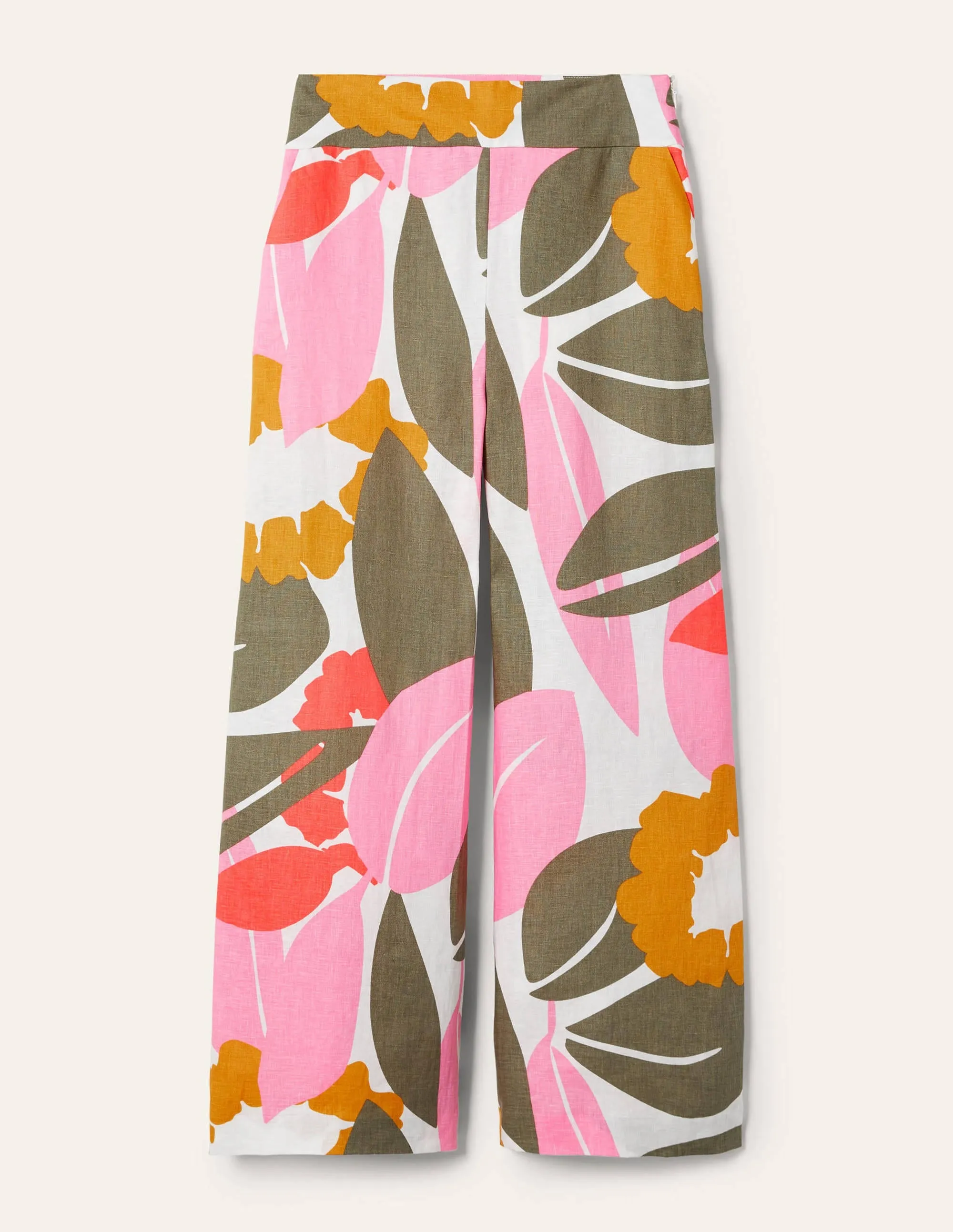 Printed Linen Trousers-Ivory, Abstract Bloom