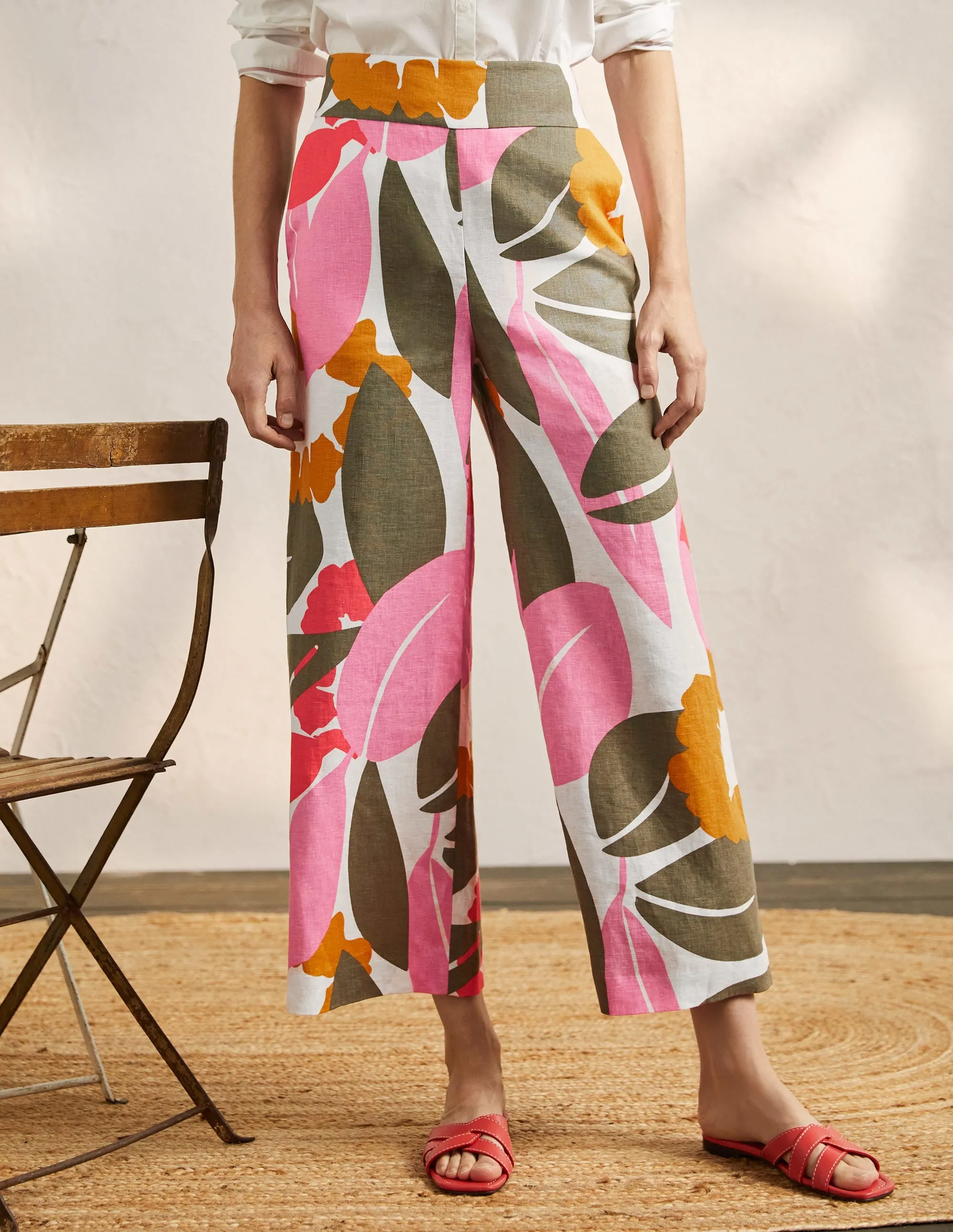Printed Linen Trousers-Ivory, Abstract Bloom