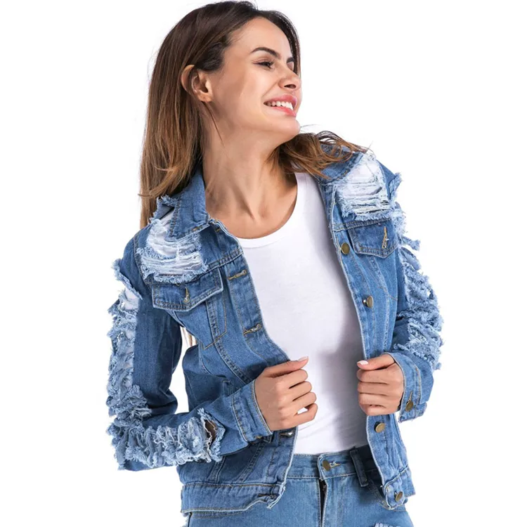 Spring And Summer  Street Fashion Women Cutwork/ Distress   Blue Denim Jacket/Shirt Jacket
