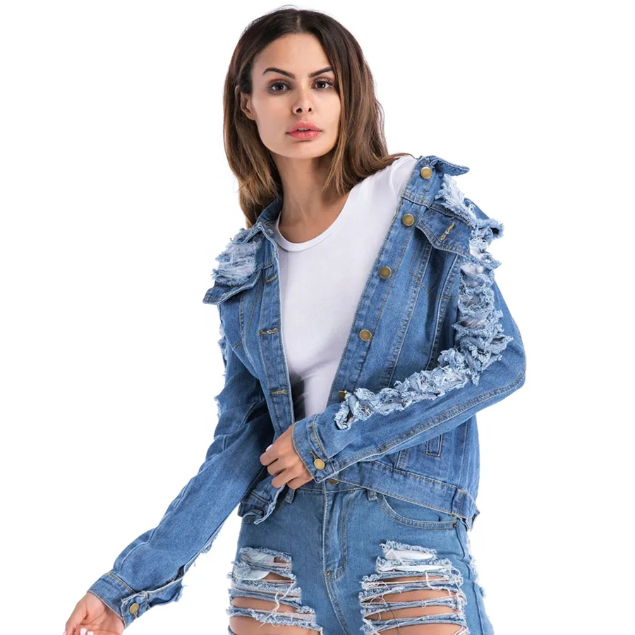 Spring And Summer  Street Fashion Women Cutwork/ Distress   Blue Denim Jacket/Shirt Jacket