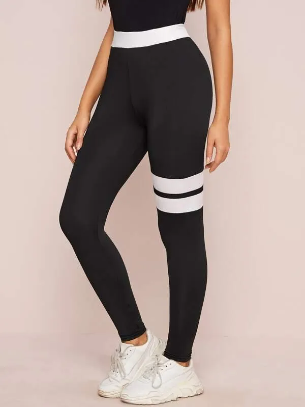 Striped Color-Block Elastic Waist Leggings