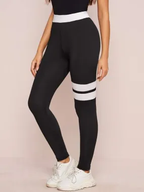 Striped Color-Block Elastic Waist Leggings