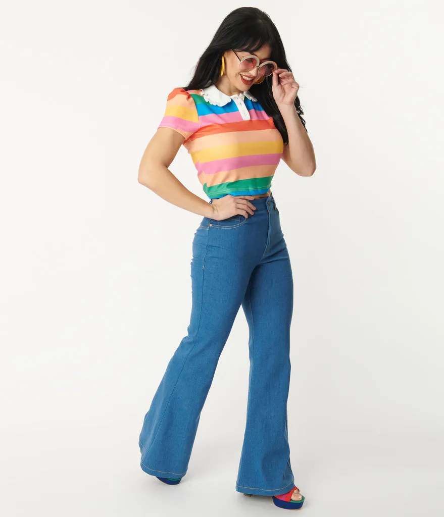 Unique Vintage Rainbow Embroidered Bellbottom Jeans