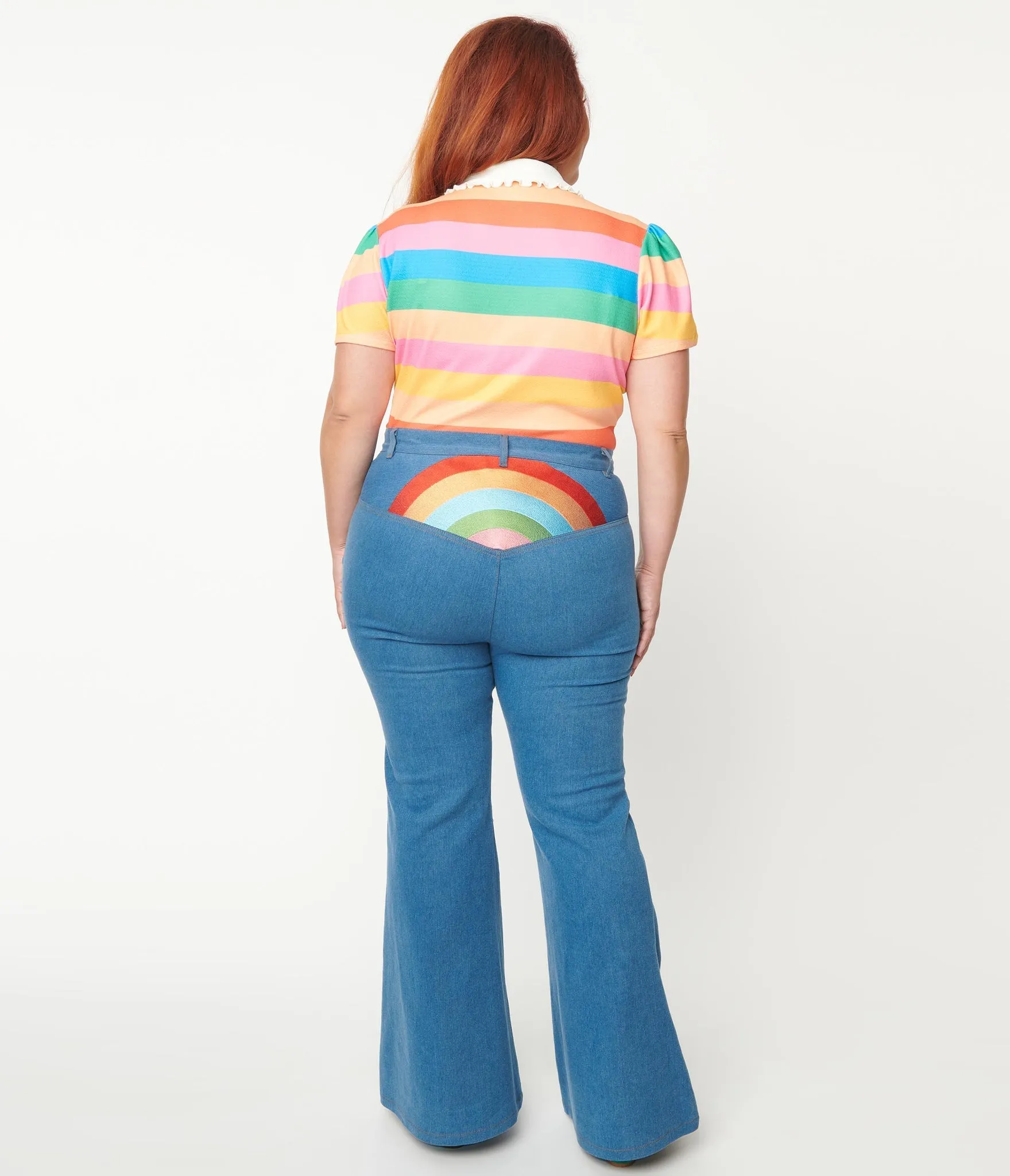 Unique Vintage Rainbow Embroidered Bellbottom Jeans