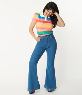 Unique Vintage Rainbow Embroidered Bellbottom Jeans