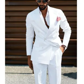 Voguable Double Breasted Men Suits White Slim Fit Wedding Tuxedo for Groom 2 Piece Casual Style Male Fashion Jacket with Pants