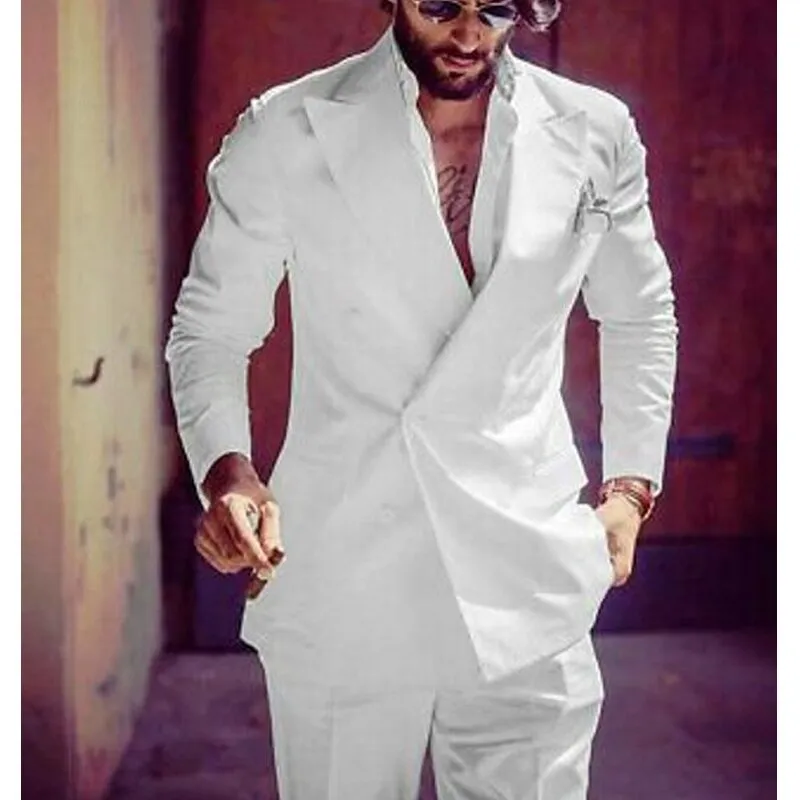 Voguable Double Breasted Men Suits White Slim Fit Wedding Tuxedo for Groom 2 Piece Casual Style Male Fashion Jacket with Pants