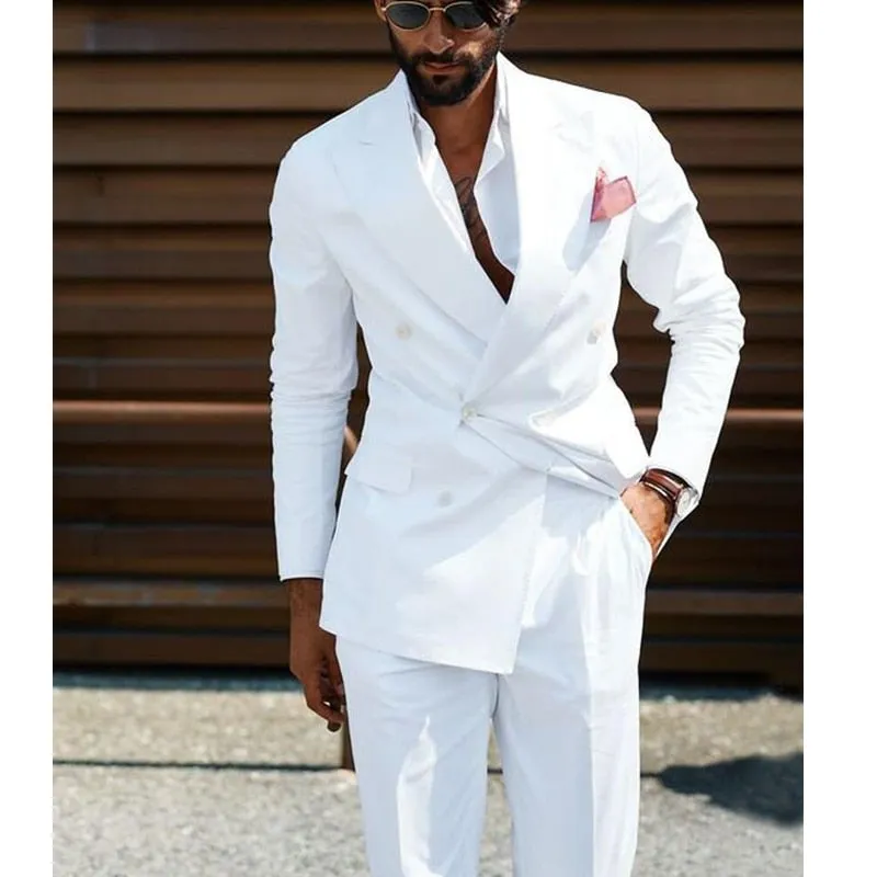 Voguable Double Breasted Men Suits White Slim Fit Wedding Tuxedo for Groom 2 Piece Casual Style Male Fashion Jacket with Pants