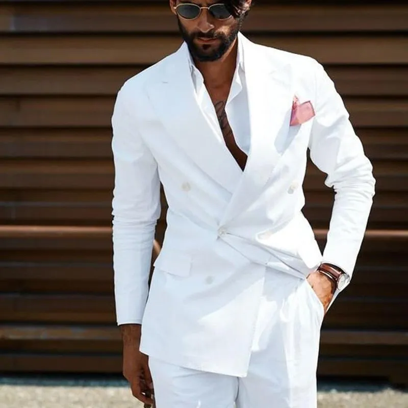 Voguable Double Breasted Men Suits White Slim Fit Wedding Tuxedo for Groom 2 Piece Casual Style Male Fashion Jacket with Pants