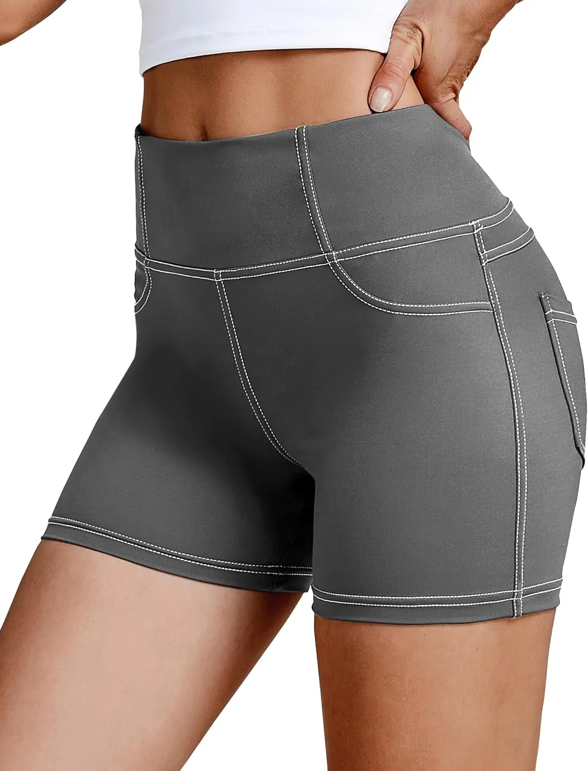 VOOVEEYA 5"/8" High Waisted Yoga Biker Shorts with Pockets for Women - Butt Lifting Workout Spandex Booty Gym Shorts