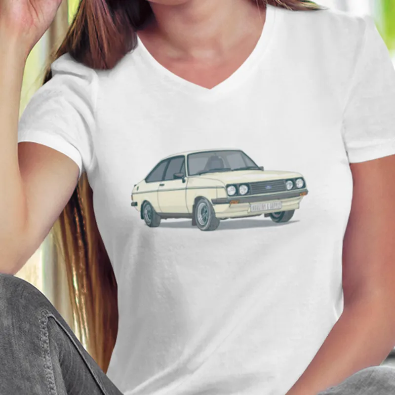 WHITE MK2 FORD ESCORT LADIES V-NECK T-SHIRT