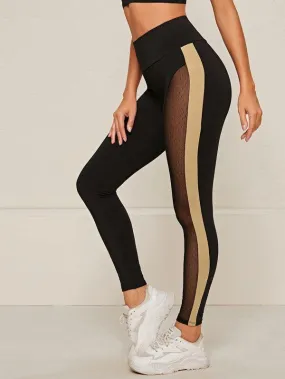 Wide Waistband Sheer Mesh Insert Colorblock Leggings