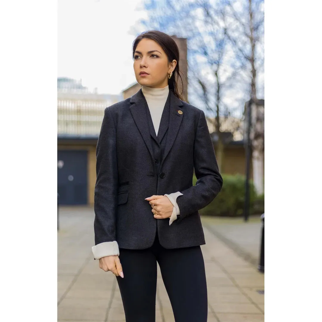 Women Black Blazer Waistcoat Tweed Herringbone Wool Classic 1920s