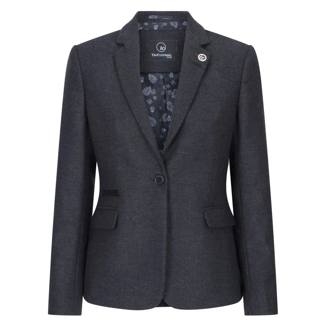Women Black Blazer Waistcoat Tweed Herringbone Wool Classic 1920s