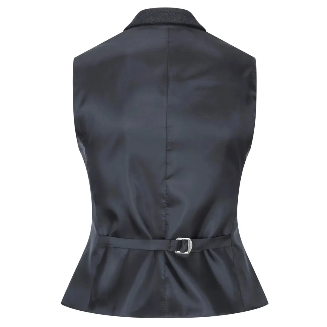 Women Black Blazer Waistcoat Tweed Herringbone Wool Classic 1920s