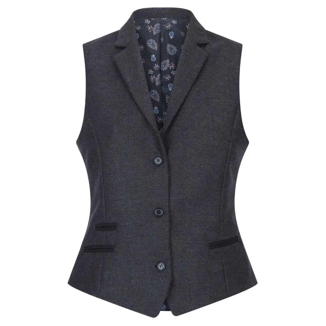 Women Black Blazer Waistcoat Tweed Herringbone Wool Classic 1920s