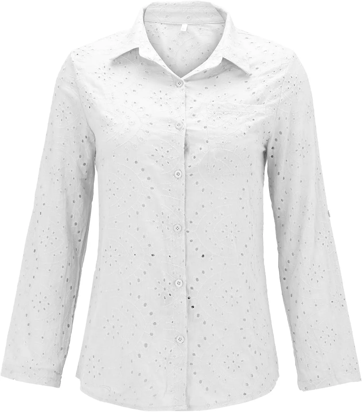 Women Button Down Shirts Summer Long Sleeve Hollow Out Lace Embroidered Blouse Casual Eyelet V Neck Cotton Linen Shirt Tops