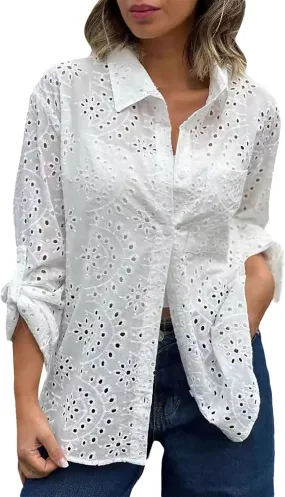 Women Button Down Shirts Summer Long Sleeve Hollow Out Lace Embroidered Blouse Casual Eyelet V Neck Cotton Linen Shirt Tops