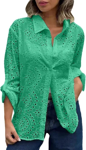 Women Button Down Shirts Summer Long Sleeve Hollow Out Lace Embroidered Blouse Casual Eyelet V Neck Cotton Linen Shirt Tops
