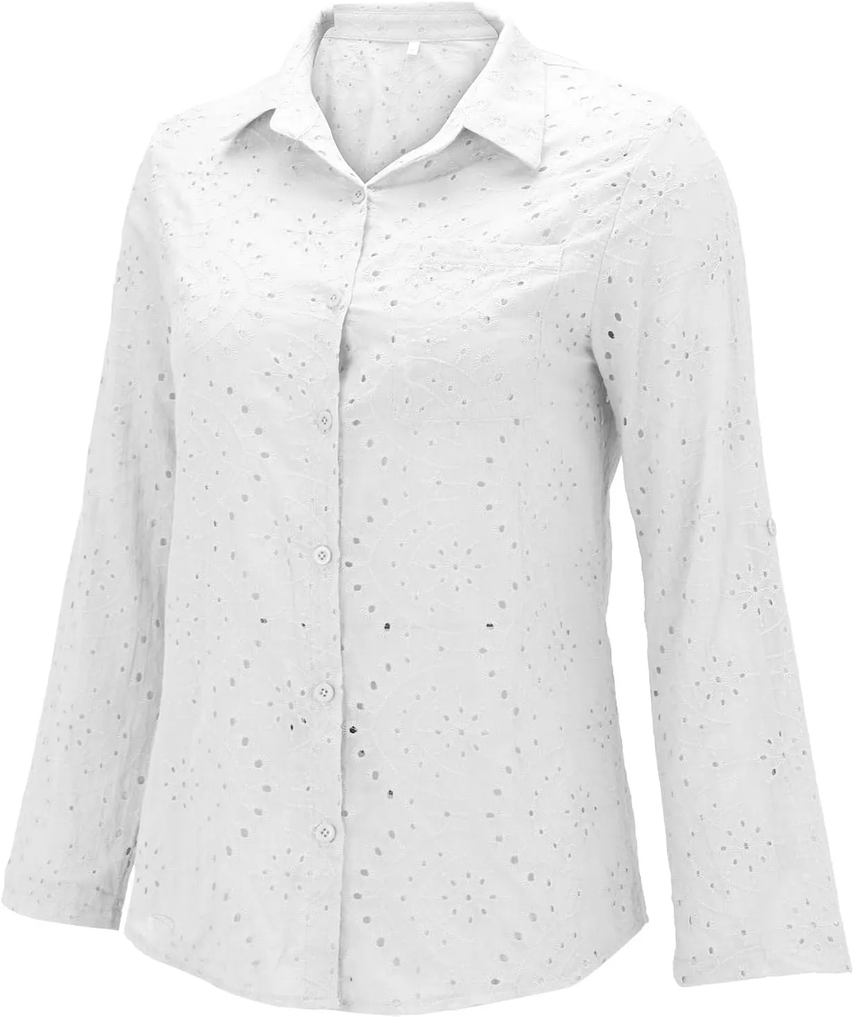 Women Button Down Shirts Summer Long Sleeve Hollow Out Lace Embroidered Blouse Casual Eyelet V Neck Cotton Linen Shirt Tops