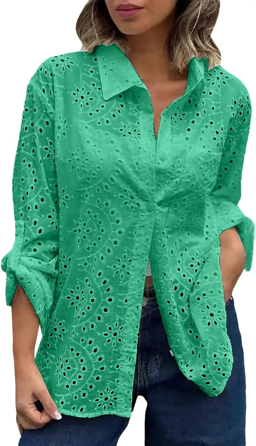 Women Button Down Shirts Summer Long Sleeve Hollow Out Lace Embroidered Blouse Casual Eyelet V Neck Cotton Linen Shirt Tops