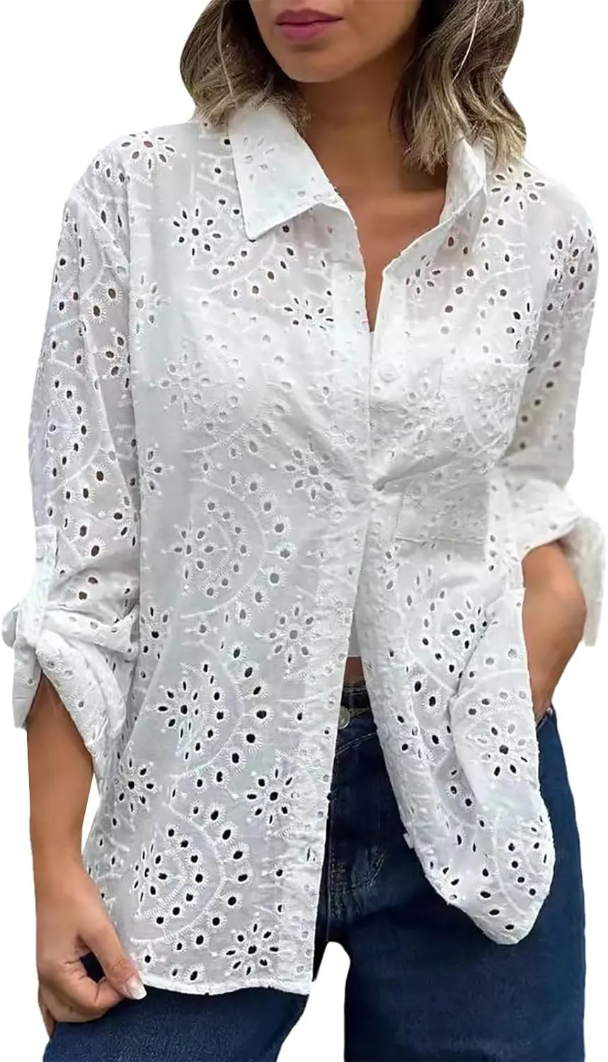 Women Button Down Shirts Summer Long Sleeve Hollow Out Lace Embroidered Blouse Casual Eyelet V Neck Cotton Linen Shirt Tops