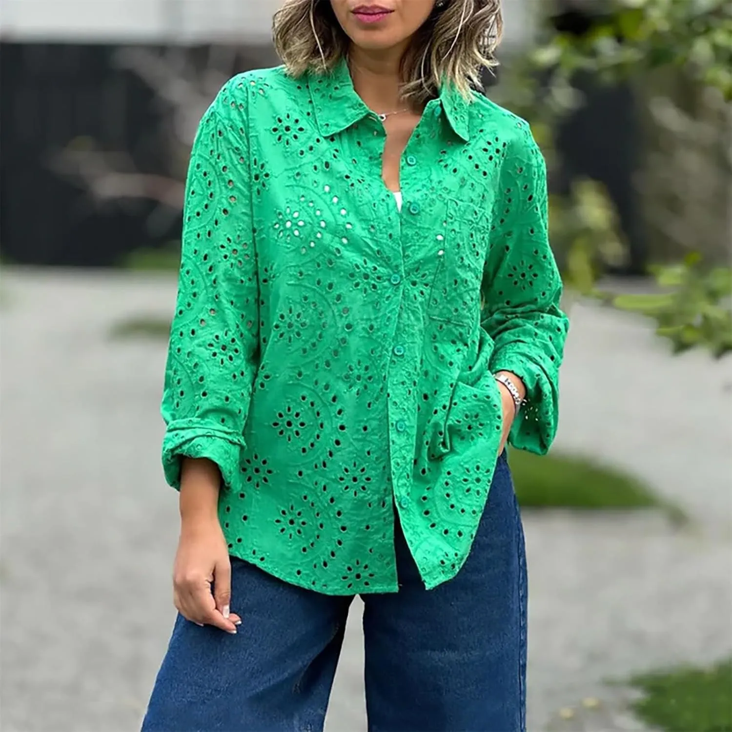 Women Button Down Shirts Summer Long Sleeve Hollow Out Lace Embroidered Blouse Casual Eyelet V Neck Cotton Linen Shirt Tops