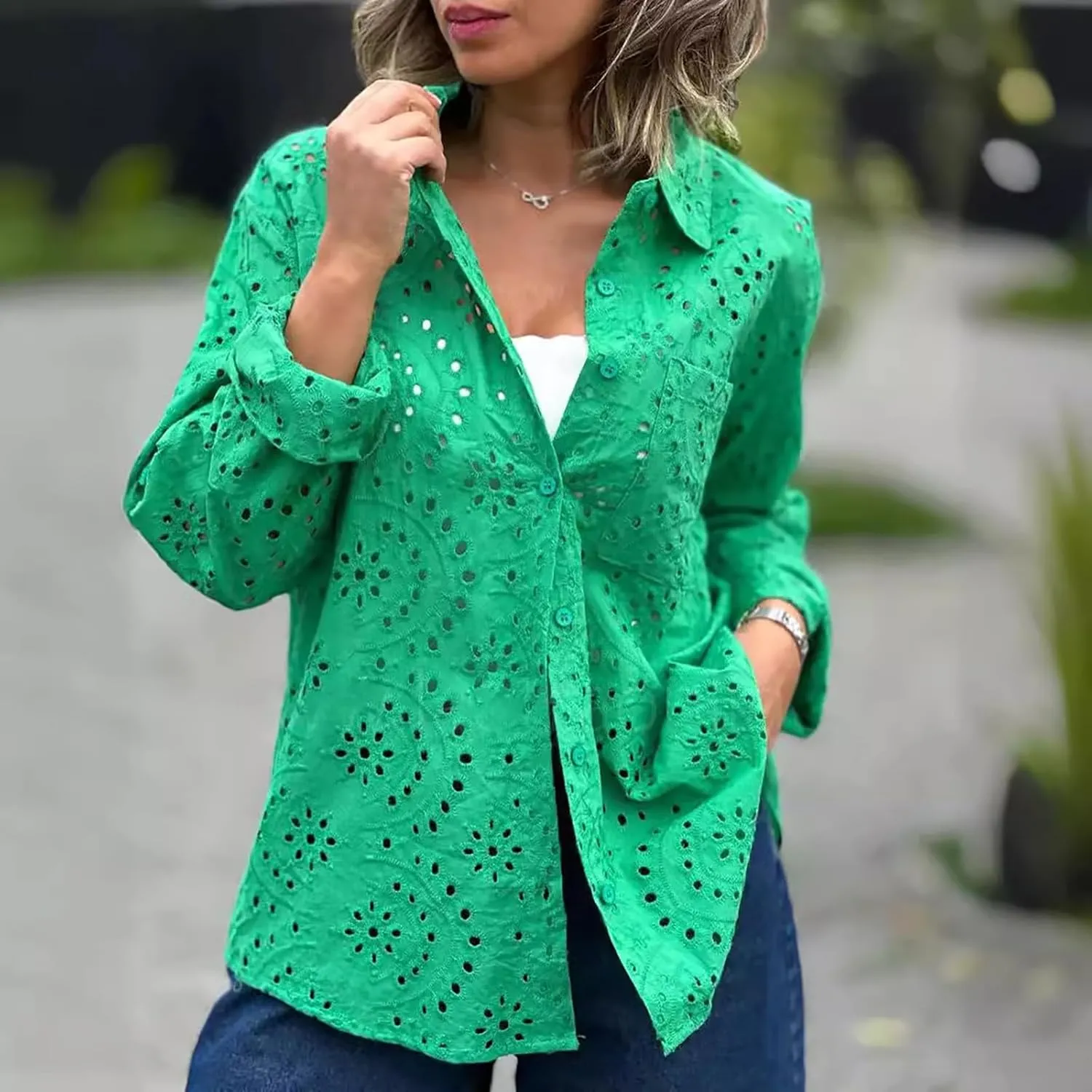 Women Button Down Shirts Summer Long Sleeve Hollow Out Lace Embroidered Blouse Casual Eyelet V Neck Cotton Linen Shirt Tops