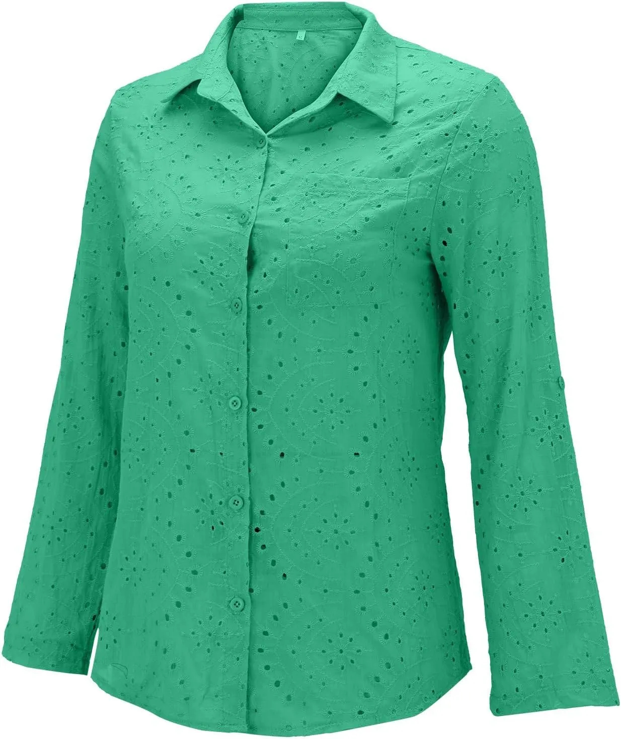 Women Button Down Shirts Summer Long Sleeve Hollow Out Lace Embroidered Blouse Casual Eyelet V Neck Cotton Linen Shirt Tops