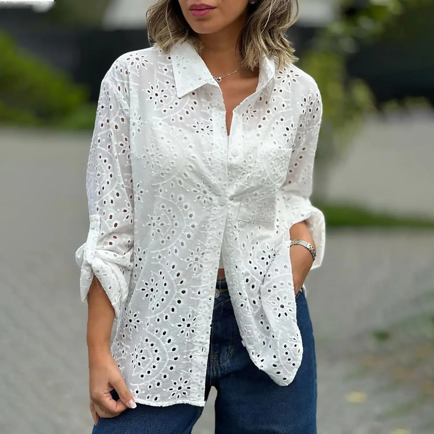 Women Button Down Shirts Summer Long Sleeve Hollow Out Lace Embroidered Blouse Casual Eyelet V Neck Cotton Linen Shirt Tops