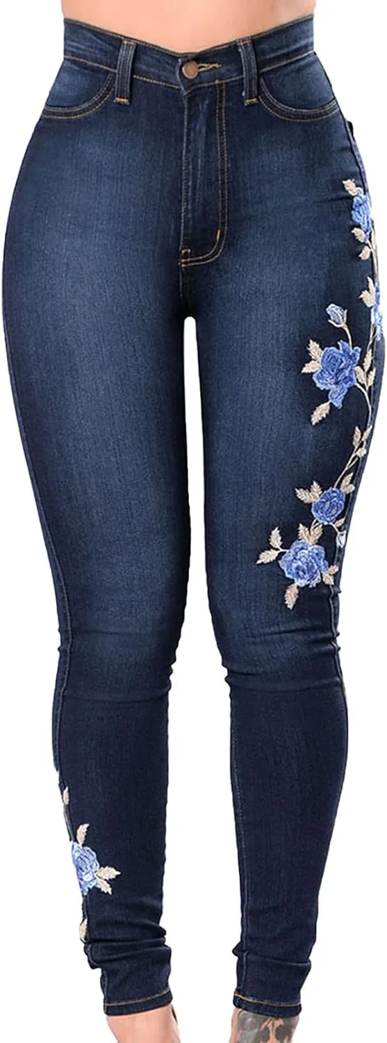 Women's Embroidered Stretch Jeans Rose Flower Slim Skinny Trousers Chic Floral High-Rise Bell Bottom Flare Jeans
