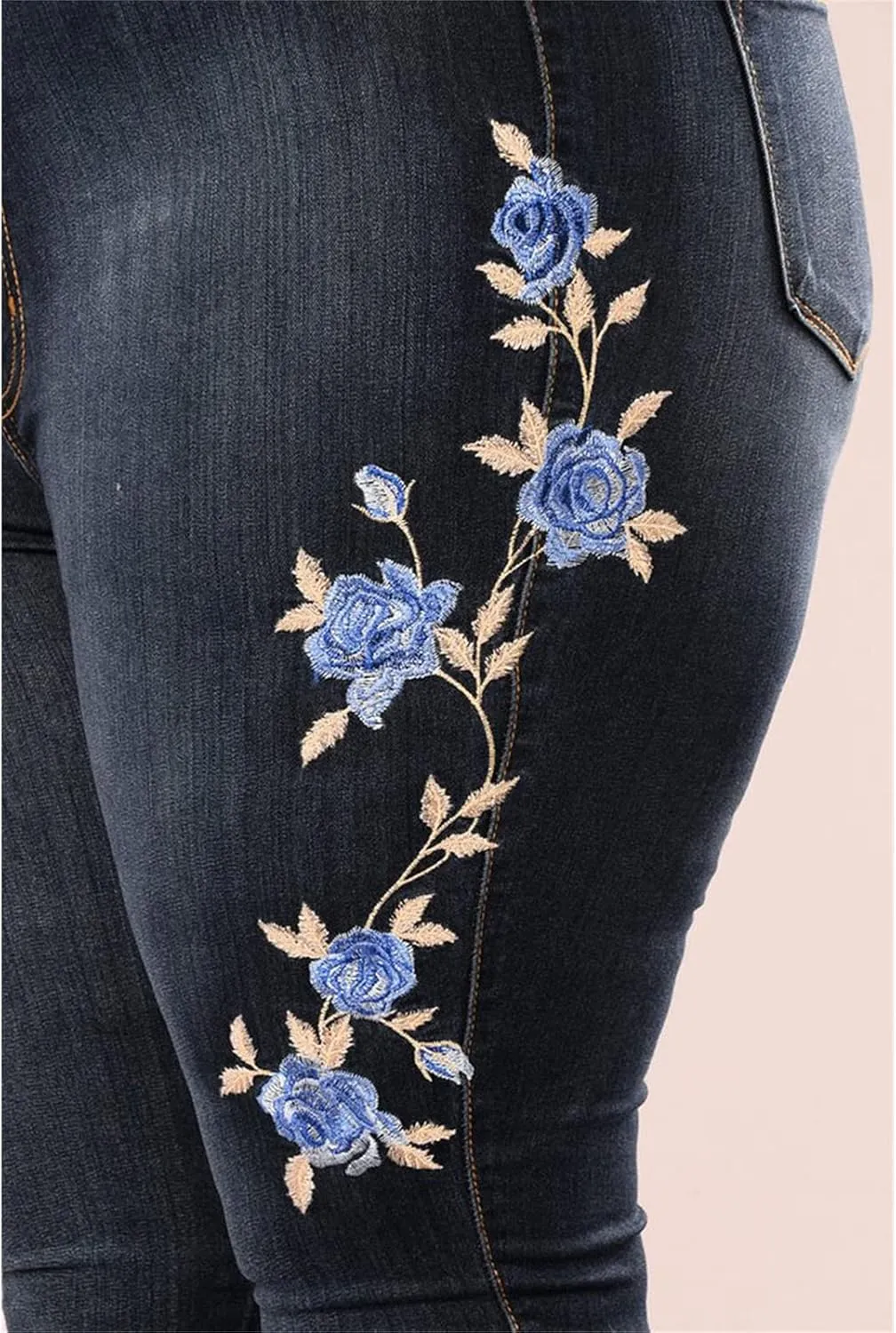 Women's Embroidered Stretch Jeans Rose Flower Slim Skinny Trousers Chic Floral High-Rise Bell Bottom Flare Jeans