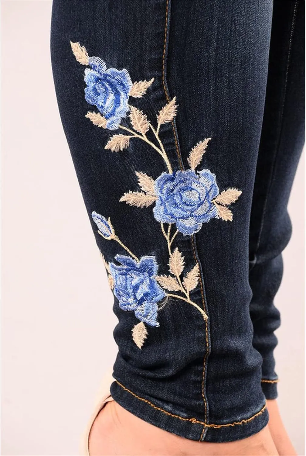 Women's Embroidered Stretch Jeans Rose Flower Slim Skinny Trousers Chic Floral High-Rise Bell Bottom Flare Jeans