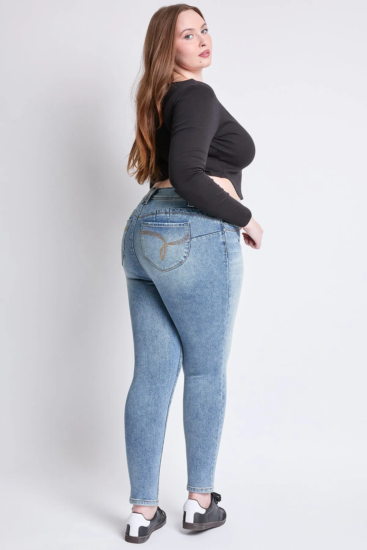 Women's Plus WannaBettaButt Mid Rise Embroidered Skinny Jean
