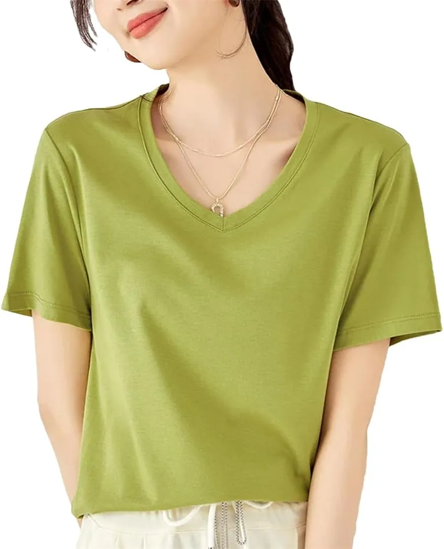 Women’S Silk Cotton T-Shirt O-Neck Short Sleeve Solid Spring Casual Basic Top