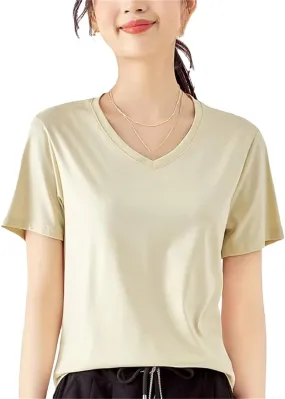 Women’S Silk Cotton T-Shirt O-Neck Short Sleeve Solid Spring Casual Basic Top